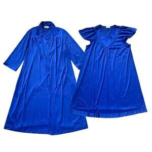 Vanity Fair Vintage Blue Satin Nightgown & Robe Set M | Made in USA, EUC